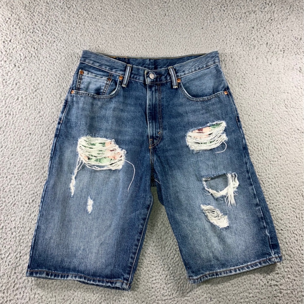Levi's 569 Shorts Men 32x12 Blue Distressed Jorts Floral Patchwork Summer Custom